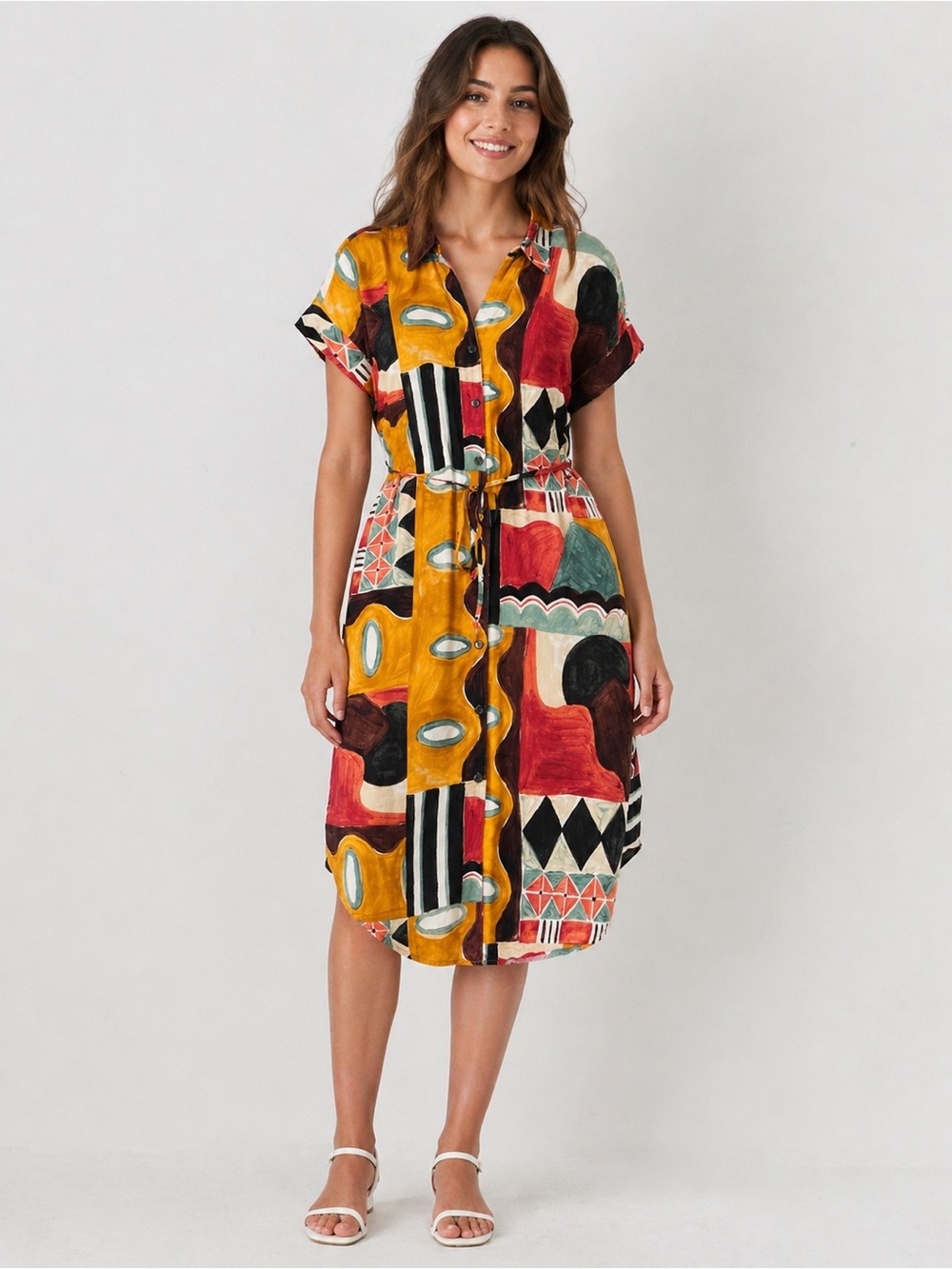Mlle Gabrielle Abstract Button-Front Midi Dress in Mustard, Red, Black & Green
